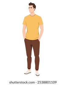 Ilustración vectorial. Joven. Imagen brillante y elegante con camiseta amarilla y pantalón marrón, ideal para los días de verano.