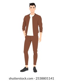 Vector illustration. Young man Brown suit and white T-shirt, image combining style and comfort.