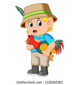 Vector illustration of Young man carrying a rooster