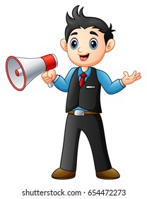 Vector illustration of Young man cartoon holding a megaphone