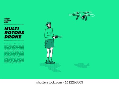 Vector illustration of a young man in casual wear holding flight controller and drone flying 