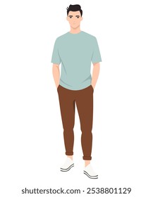 Vector illustration. Young man casual look with blue t-shirt and brown pants, looks stylish and simple.