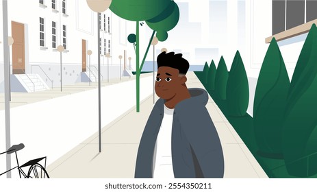 Vector illustration of a young man in a casual outfit walking along a clean urban street. Features stylized trees, buildings, and soft tones, perfect for projects requiring modern urban visuals.