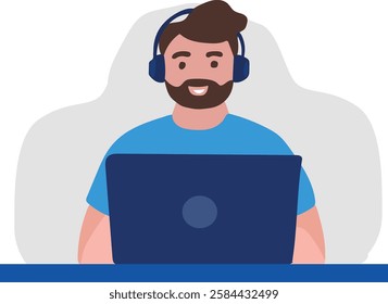 Vector illustration of a young man in casual attire using a laptop with headphones on. Perfect for icons, website designs, applications, or educational materials.