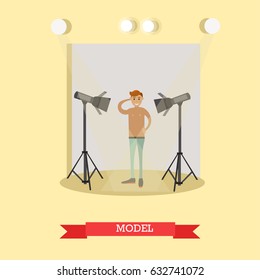 Vector illustration of young man in casual clothes working as a model at fashion show flat style design element.