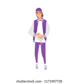 Vector illustration of young man with chained hands in cartoon style isolated on white background - boy bound by circumstances resigned with them and not trying to free himself.