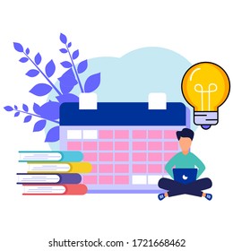 Vector illustration. Young man characters make a schedule online on a tablet. design scheduling business graphics tasks on week - Vector - Vector.