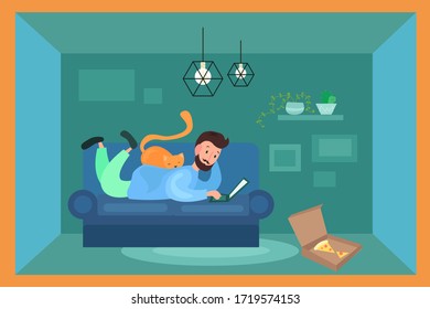 Vector illustration of young man chilling with pizza and a cat