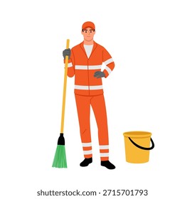 Ilustración vectorial de un limpiador de hombre joven en un traje naranja, gorra. Escena de dibujos animados de un hombre vestido con un traje de trabajo, guantes de goma, sosteniendo una escoba, cubo aislado sobre un fondo blanco. Arreglando.