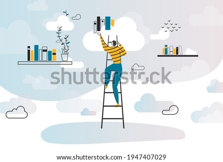Vector illustration of a young man climbing a ladder to upload or download resources, folders and books on shelves of a cloud library. Clouds and backgrounds have shaded, soft and technological colors
