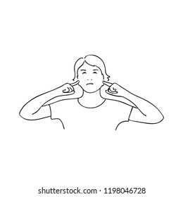 vector illustration of a young man closed his finger ear, does not want to hear anything, linear design