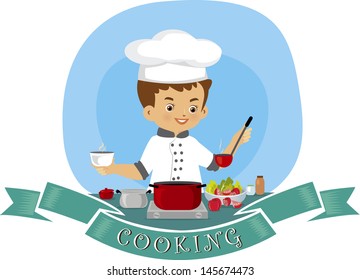 A vector illustration of a young man cooking in the kitchen