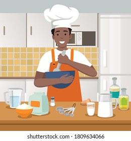 Ilustración vectorial de un joven cocinando en la cocina