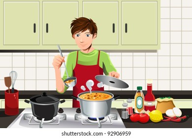 A vector illustration of a young man cooking in the kitchen