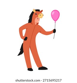 Vector illustration of a young man at a costume party. Cartoon scene with a smiling man dressed in a horse costume holding a pink balloon isolated on a white background. Cosplay, performance.