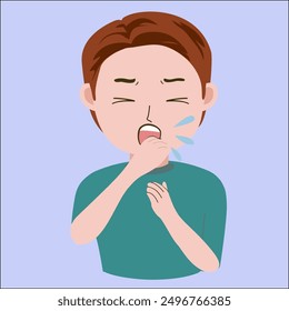 Vector illustration of young man cough, good for showing influenza sick symptoms, isolated on blue background