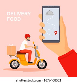 Vector illustration of young man courier delivery services with box. Fast delivery by scooter on mobile. Online food order. Male with location. Delivery concept