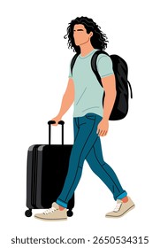 Vector illustration of a young man with curly hair walking with a suitcase and backpack. Casual outfit, traveler or tourist character, side view, isolated on white background.