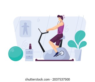 Vector illustration, young man cycling with exercise bikes in gym background.