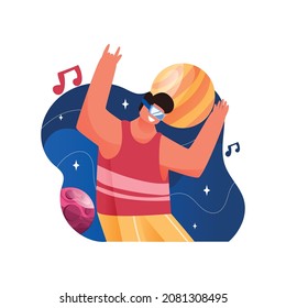 Vector illustration young man dancing and listen to the music using virtual augmented reality glasses background.