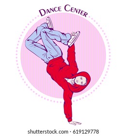 Vector illustration with young man dancing break dance on retro background. Design template for flyer, invitation, poster or greeting card. Illustration for studio dance