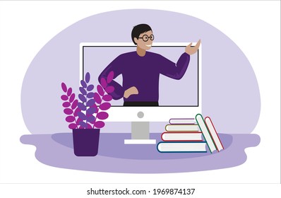 vector illustration of a young man with dark hair in a purple sweatshirt, leads a training live broadcast