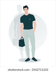 Vector illustration. Young man in a dark T-shirt and light trousers with a bag, a minimalist image for walks and everyday activities.