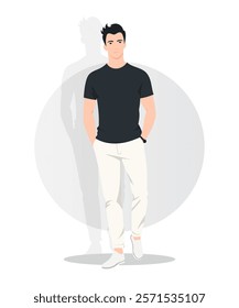 Vector illustration. A young man in a dark t-shirt and light pants, standing in a relaxed pose. Light background with circular accent.