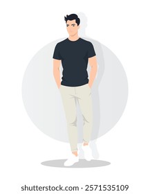 Vector illustration. A young man in a dark t-shirt and light pants, standing in a relaxed pose. Light background with circular accent.