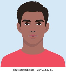 Vector illustration of a young man with dark skin tone, red shirt, and short black hair on a light blue background. Perfect for avatar use, profile icons, apps, and web UI design elements.