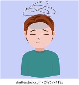 Vector illustration of young man Dizzy, stressed, gabung a lot of problem, good for showing influenza sick symptoms, isolated on blue background