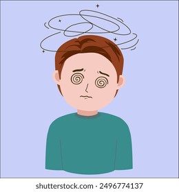 Vector illustration of young man Dizzy, stressed, gabung a lot of problem, good for showing influenza sick symptoms, isolated on blue background