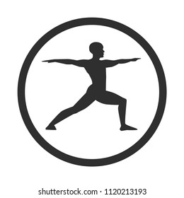 Vector illustration of a young man doing yoga practice. Black male silhouette in a warrior position with a circle frame isolated on white background. Icon, logo, label, banner, print, card design. 