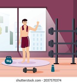 Vector illustration, a young man doing excercise in his own gym background.