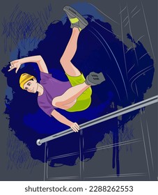 Ilustración vectorial de un joven haciendo parkour. Un adolescente vestido con ropa brillante y un sombrero salta contra el telón de fondo de un contorno descuidado de un edificio y un fondo oscuro.