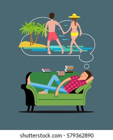Vector illustration of young man dreaming of beach resort vacation with girlfriend while taking nap on sofa at home.Vector