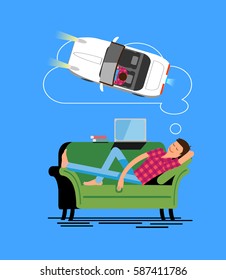 Vector illustration with young man dreaming of car while taking nap on sofa.