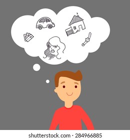 Vector illustration. The young man dreams of the good life.