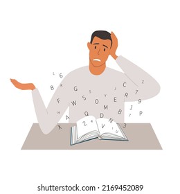 Vector Illustration Of A Young Man With Dyslexia Having Difficulty Reading A Book.