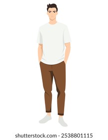 Ilustración vectorial. Joven look fácil con camiseta beige y pantalón marrón creando una sensación de comodidad y estilo.