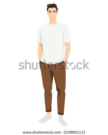 Vector illustration. Young man easy look with beige t-shirt and brown trousers creating a feeling of comfort and style.
