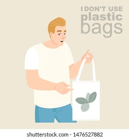 Vector illustration of a young man with an eco-friendly textile bag in his hands. Plastic bag rejection advertisement