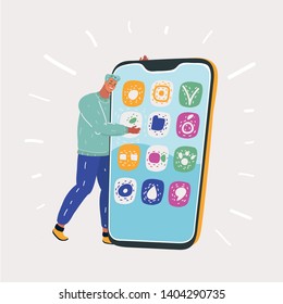 Vector illustration of Young man, embrace his big smartphone. Male character on white background.