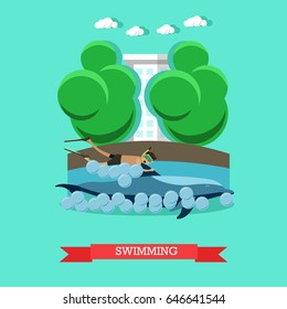 Vector illustration of young man enjoying swimming with dolphin in blue swimming pool. Dolphinarium flat style design.