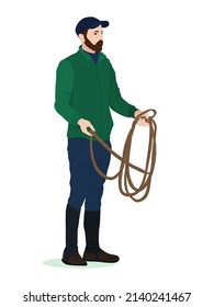 Vector Illustration Of A Young Man In Equestrian Clothes Holding A Horse Rein In His Hands. Isolated On A White Background. The Theme Of Equestrian Sports And Farms