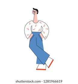 Vector illustration of young man in eyeglasses standing with hands in pockets of pants and looking away in trendy flat style - happy smiling male character watching aside isolated on white background.