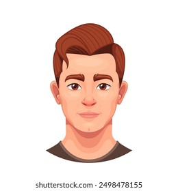 Vector Illustration Of A Young Man Face With Short Brown Hair And Calm Expression. Cartoon Male Character