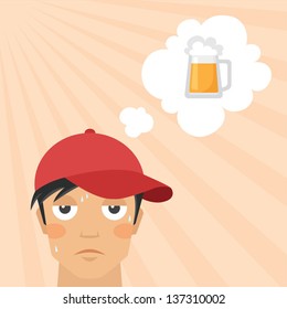 Vector illustration of young man feeling hot and dreaming about glass of beer