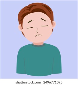 Vector illustration of young man feeling unwell, limp, sick, depressed, good for showing sick symptoms , isolated on blue background