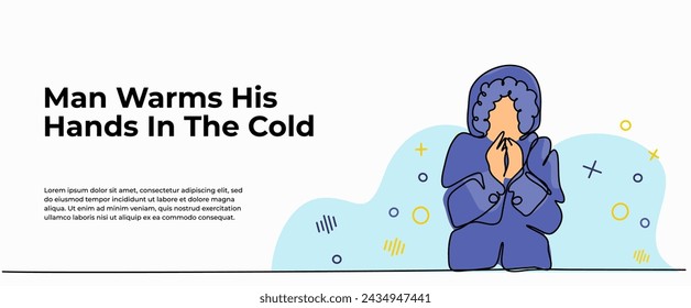 Vector illustration of a young man felt shivering during the winter. Modern flat in continuous line style.